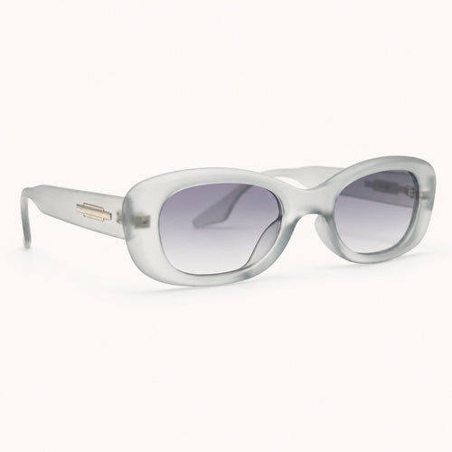 Lunettes de soleil Osour Alba Grey à monture ovale gris translucide avec verres gris dégradés, vue de profil