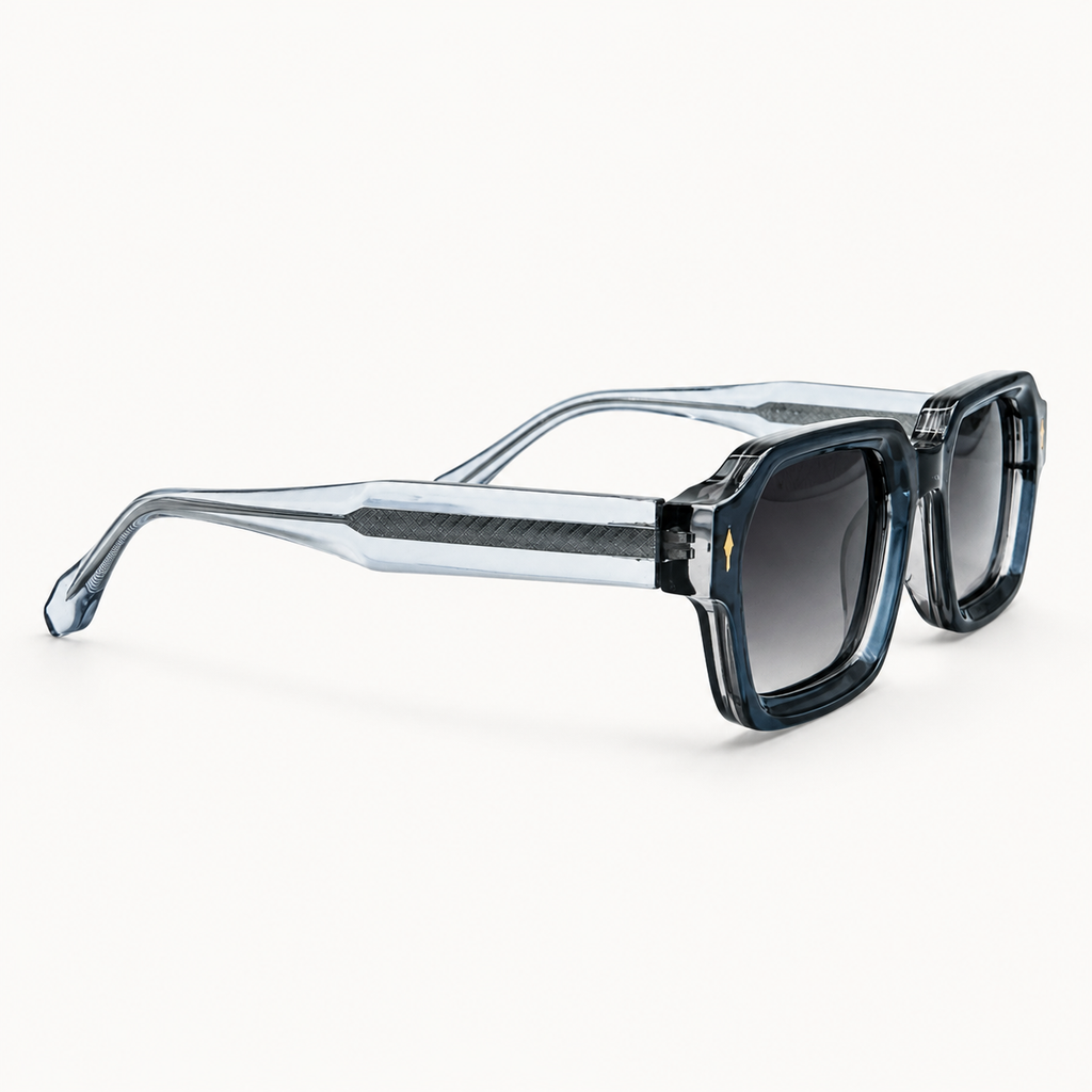 Lunettes de soleil rectangulaires bleues La Enzo vue de profil avec verres noirs dégradés