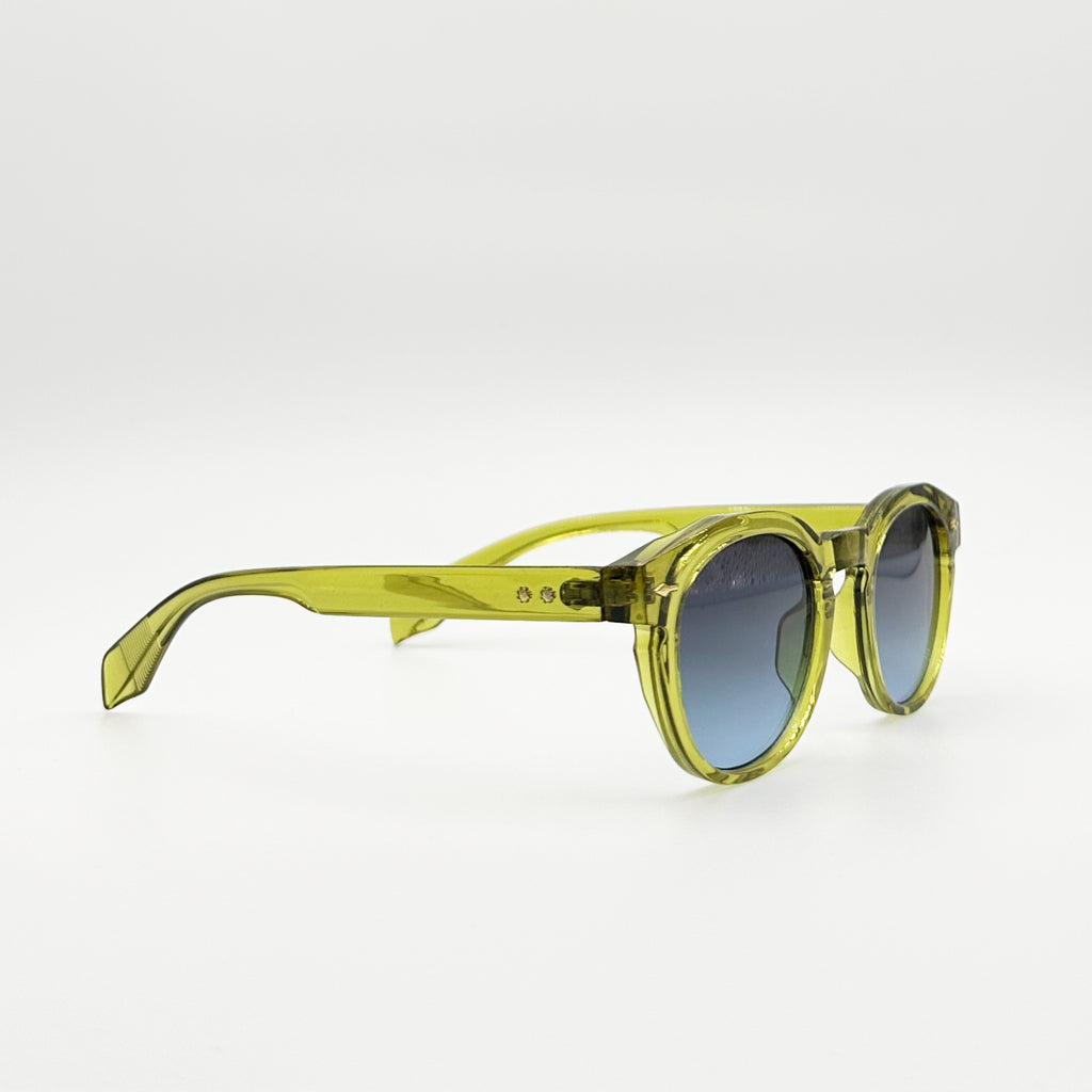 Lunettes de soleil rondes vertes La Herve vue de profil avec verres bleus fumés