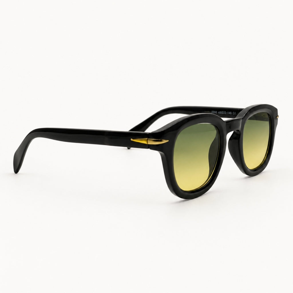 Lunettes de soleil rondes noires La Niko vue de profil avec verres jaunes