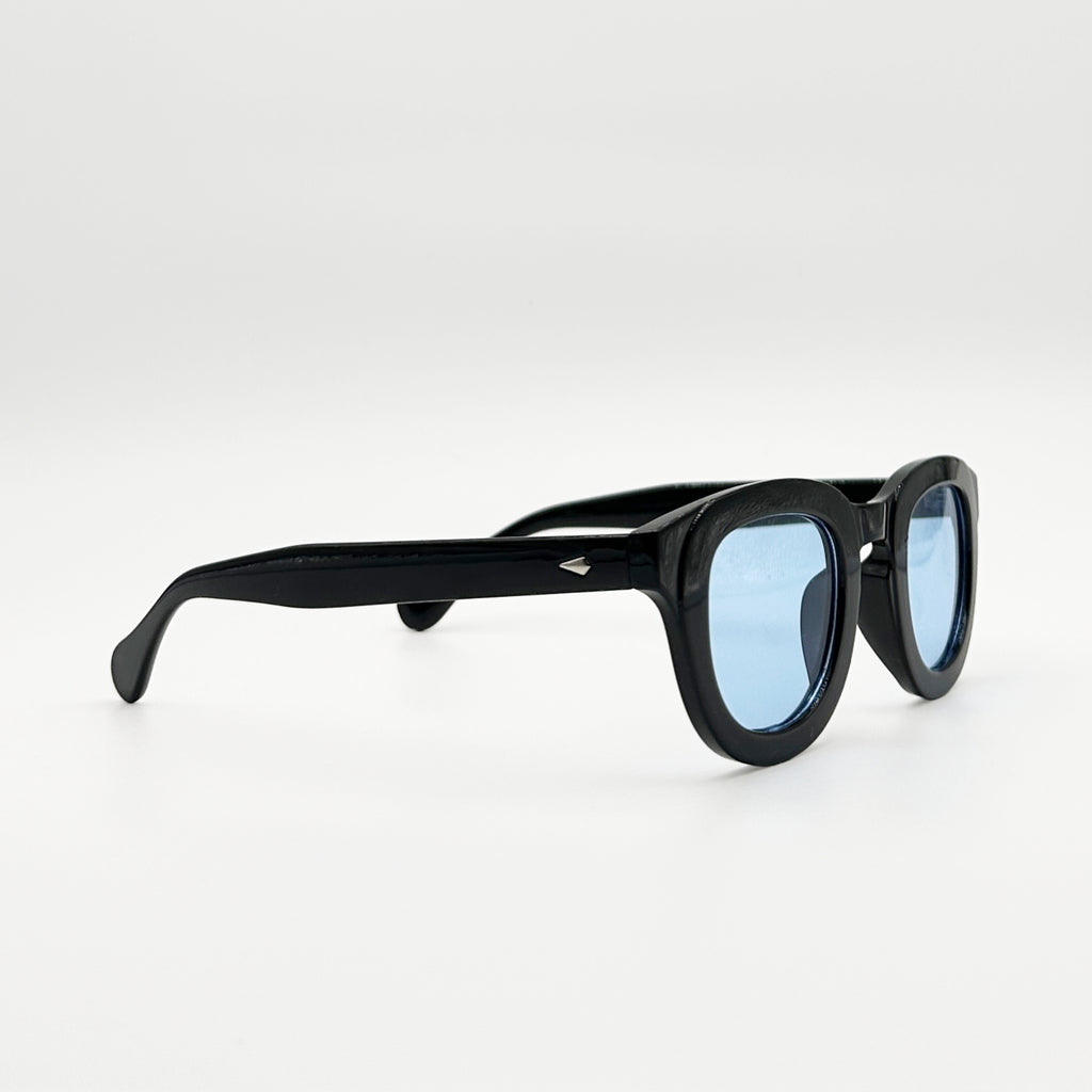 Lunettes de soleil rondes noires La Solar vue de profil avec verres bleus teintés